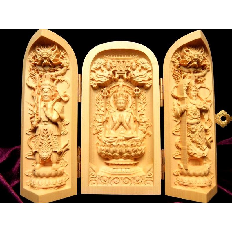 木彫り 千手観音像 置物 観音開き 5A極上彫り 高さ約100-105mm 風水やインテリアに 左右に二十八部衆立像 ok-s パワーストーン 天然石 | ブランド登録なし | 04