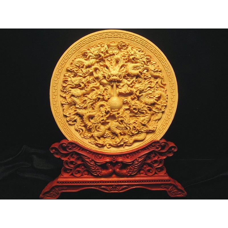 竜生九子 龍彫り 台付き お皿型置物 直径約142mm 5A極上彫り 木彫り 九龍 五本爪龍 皿型置物 風水 インテリア 箱に凹み有り ok-s パワーストーン 天然石 | ブランド登録なし | 05
