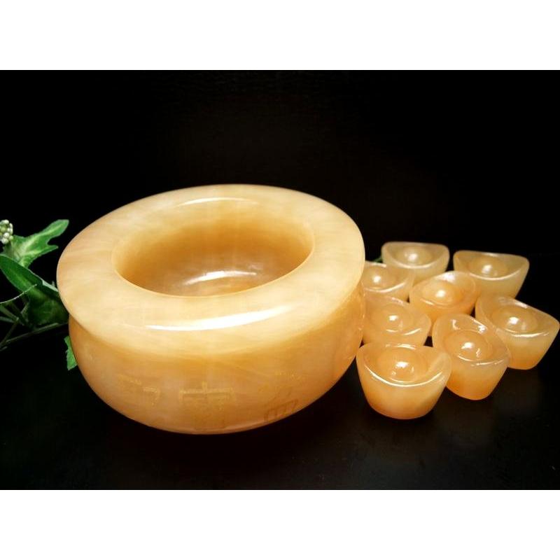 アラゴナイト 元宝 8個&聚寶盆セット 聚寶盆サイズ幅約10cm 高さ約5.5cm 財運アップ 招財のお守り ok-s パワーストーン 天然石 | 開運 | 01