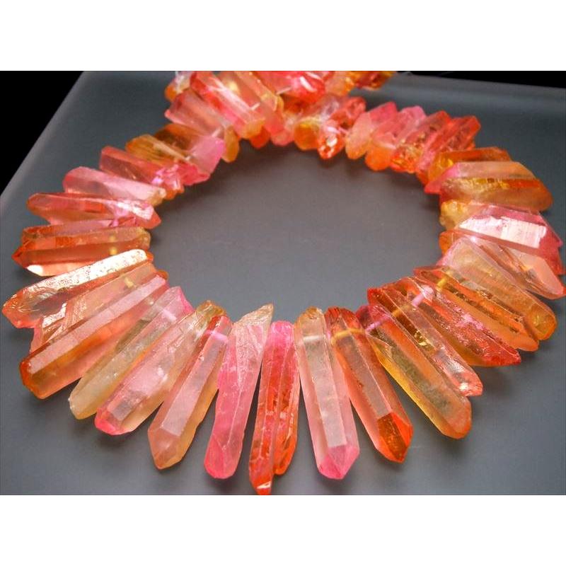 縦約20-50mm オレンジ&ピンク染色フロストタイプ ナチュラルポイント連 一連 約38-40cm 透明感抜群 天然水晶 クレオ穴 サイズグラデーション | ブランド登録なし | 01