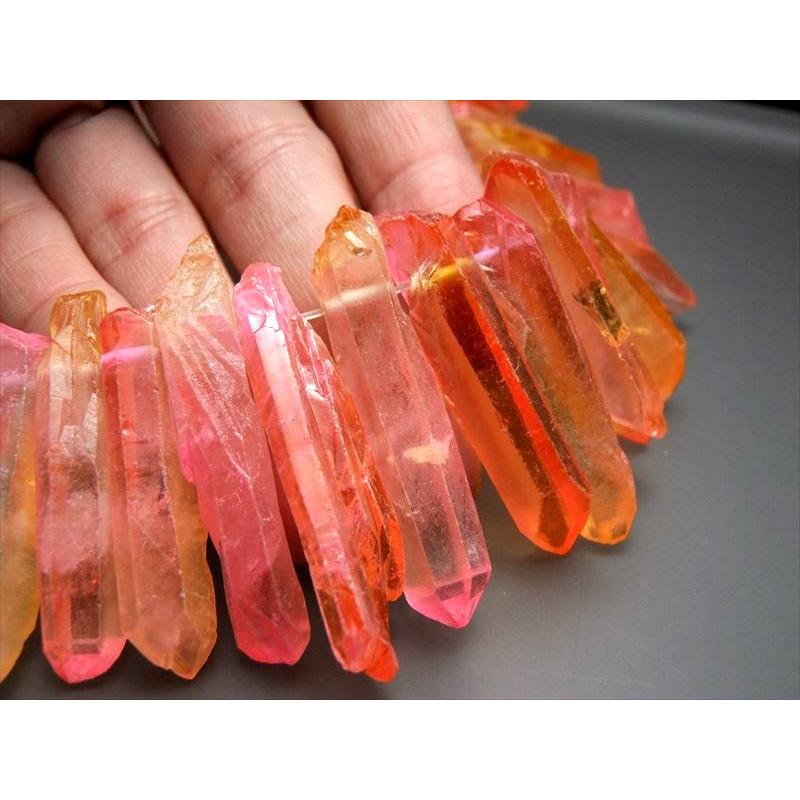 縦約20-50mm オレンジ&ピンク染色フロストタイプ ナチュラルポイント連 一連 約38-40cm 透明感抜群 天然水晶 クレオ穴 サイズグラデーション | ブランド登録なし | 02