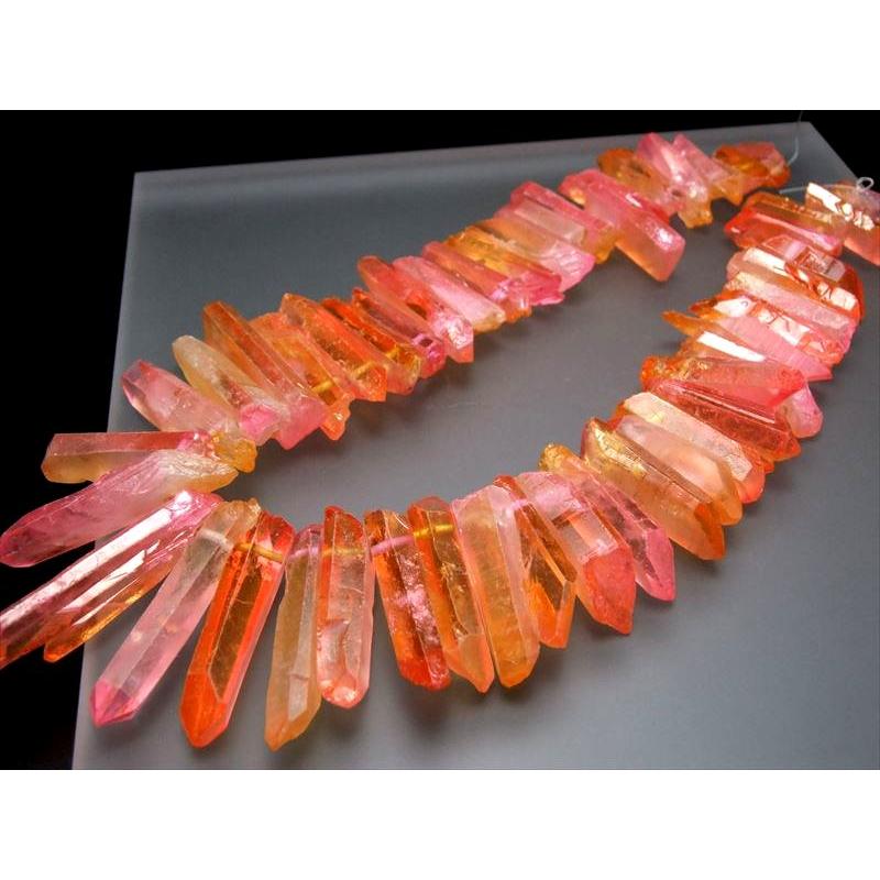 縦約20-50mm オレンジ&ピンク染色フロストタイプ ナチュラルポイント連 一連 約38-40cm 透明感抜群 天然水晶 クレオ穴 サイズグラデーション | ブランド登録なし | 03