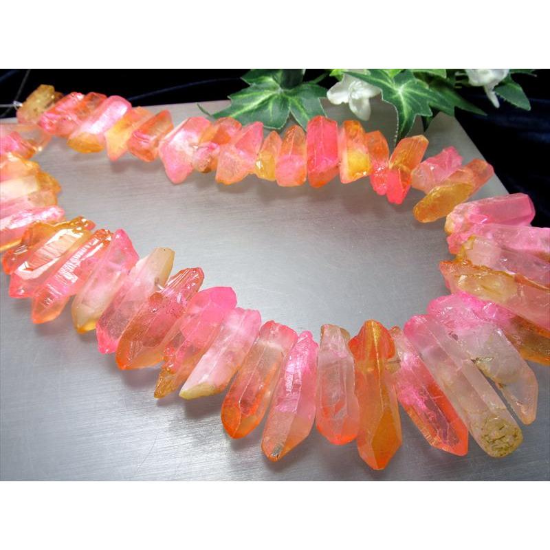 縦約20-50mm オレンジ&ピンク染色フロストタイプ ナチュラルポイント連 一連 約38-40cm 透明感抜群 天然水晶 クレオ穴 サイズグラデーション | ブランド登録なし | 07