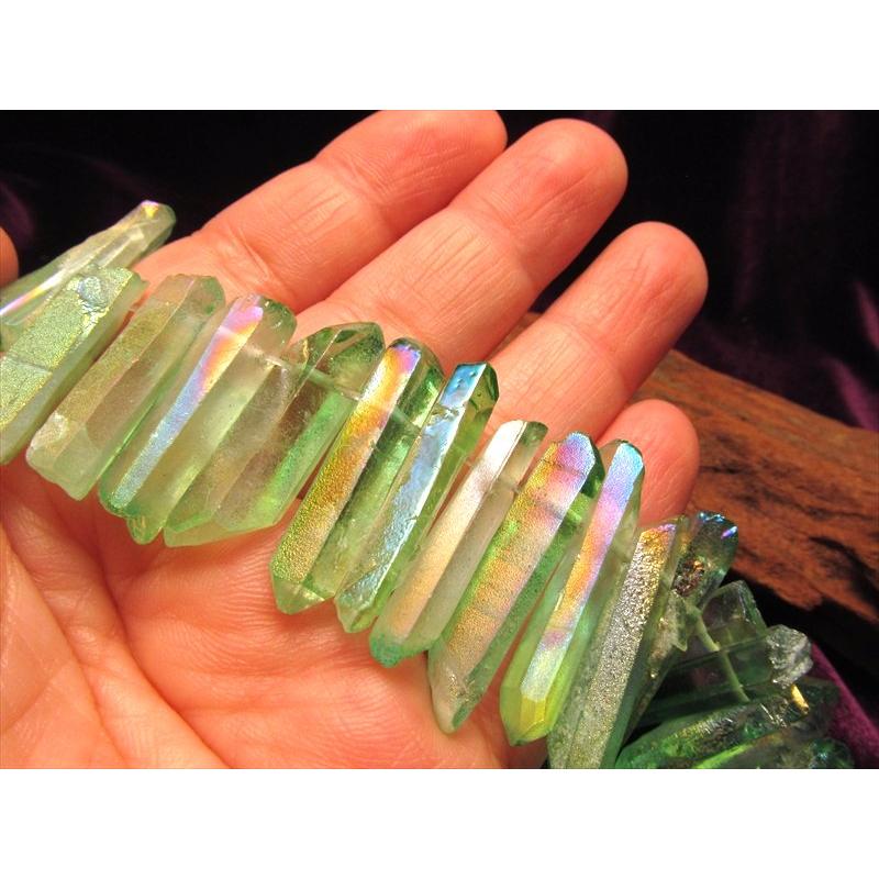 縦約10-40mm グリーンオーラ ナチュラルポイント連 フロストタイプ 一連約38-40cm ライムグリーン染色 透明感抜群 天然水晶 ナチュラルポイント連 クレオ穴 | ブランド登録なし