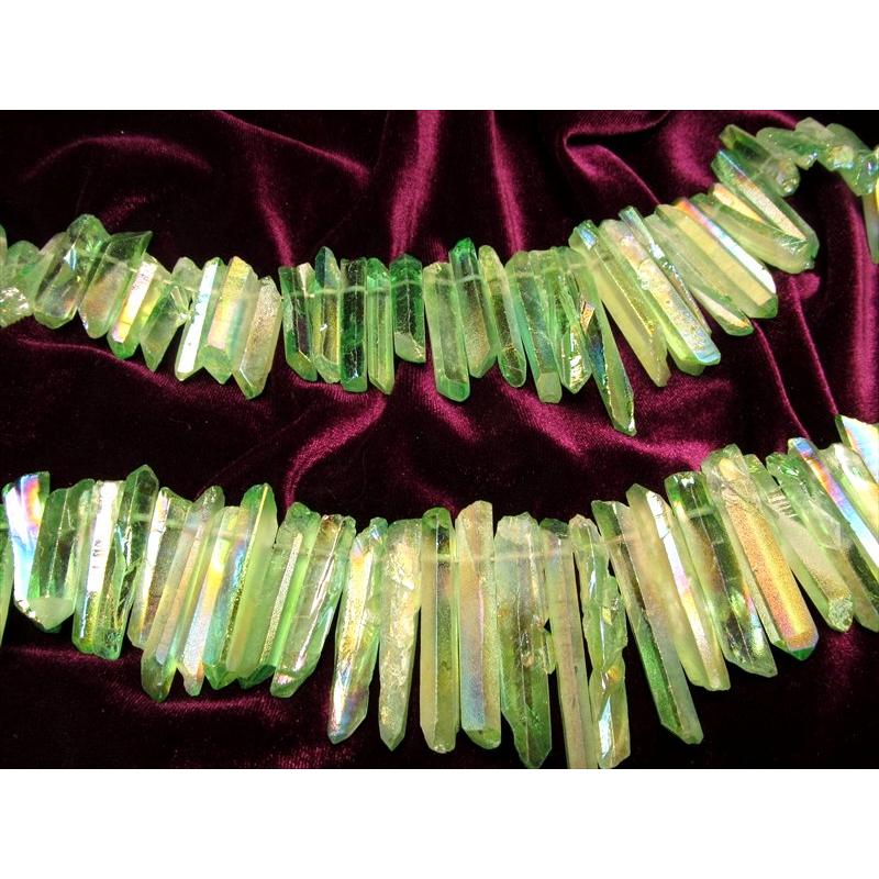 縦約10-40mm グリーンオーラ ナチュラルポイント連 フロストタイプ 一連約38-40cm ライムグリーン染色 透明感抜群 天然水晶 ナチュラルポイント連 クレオ穴 | ブランド登録なし | 01