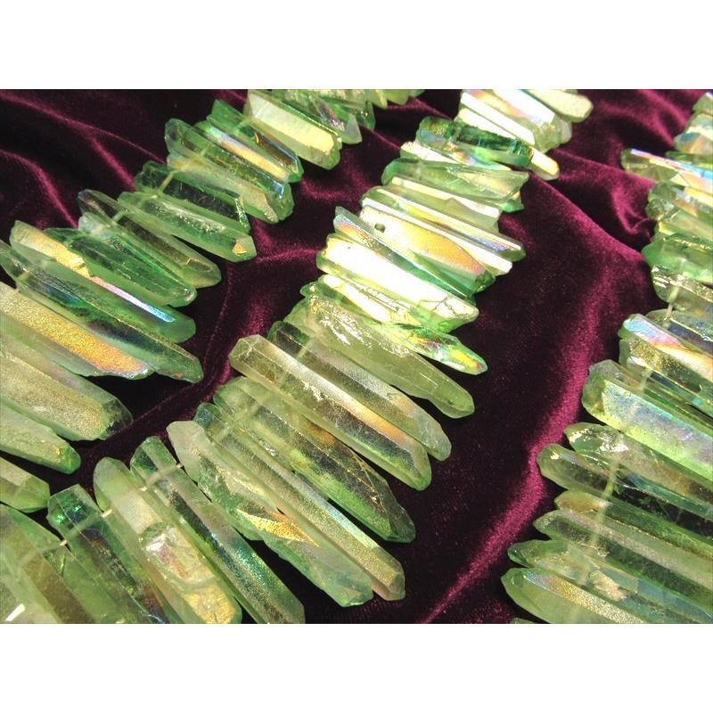 縦約10-40mm グリーンオーラ ナチュラルポイント連 フロストタイプ 一連約38-40cm ライムグリーン染色 透明感抜群 天然水晶 ナチュラルポイント連 クレオ穴 | ブランド登録なし | 02