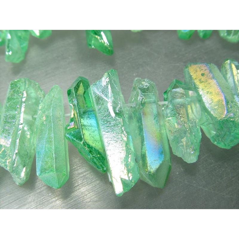 縦約10-40mm グリーンオーラ ナチュラルポイント連 フロストタイプ 一連約38-40cm ライムグリーン染色 透明感抜群 天然水晶 ナチュラルポイント連 クレオ穴 | ブランド登録なし | 03