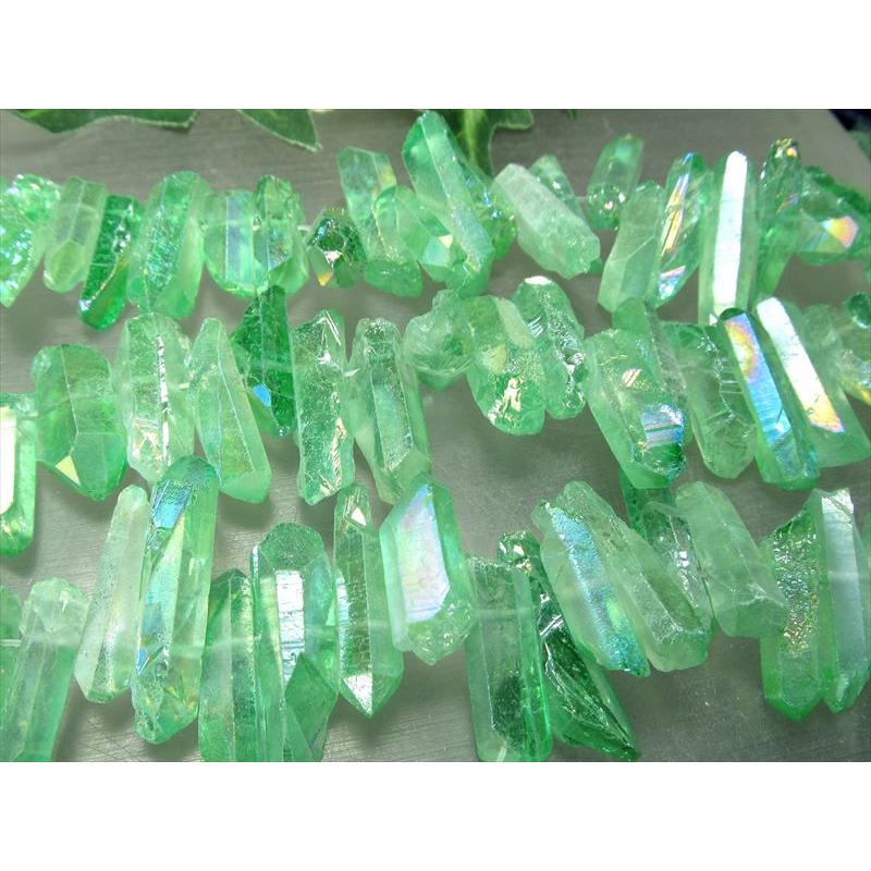 縦約10-40mm グリーンオーラ ナチュラルポイント連 フロストタイプ 一連約38-40cm ライムグリーン染色 透明感抜群 天然水晶 ナチュラルポイント連 クレオ穴 | ブランド登録なし | 05