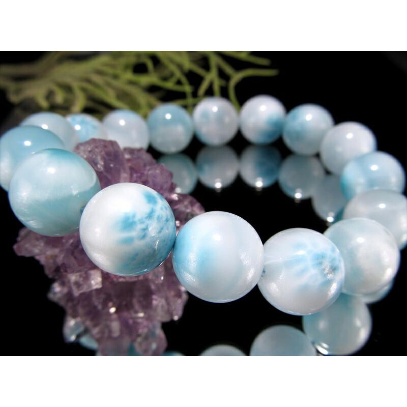 店頭展示中 3A+ ラリマー ブルーペクトライト ブレスレット 12.5mm-13mm×16珠 波模様 絶妙なブルー&ホワイトカラー 愛と平和の石 カリブ海の宝石 一点ものの画像