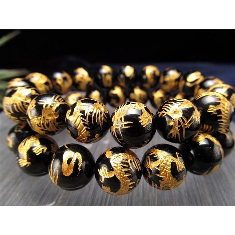 運気上昇 金龍(ドラゴンボール) 黒水晶 金龍彫りブレスレット 12mm 