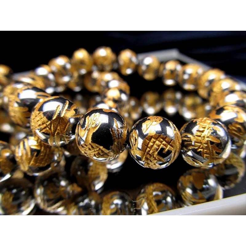 高純度 テラヘルツ鉱石 龍彫りブレスレット 金塗り 約8mm×23珠前後 龍 