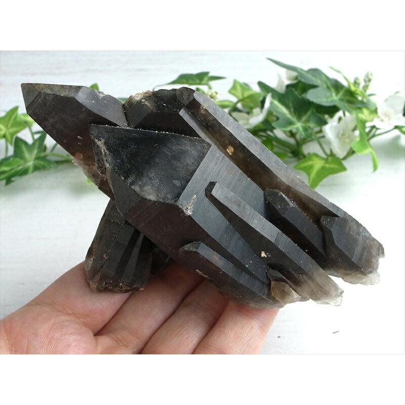 天然の黒光り 天然 黒水晶 モリオン クラスター原石 重さ341g 最大幅約