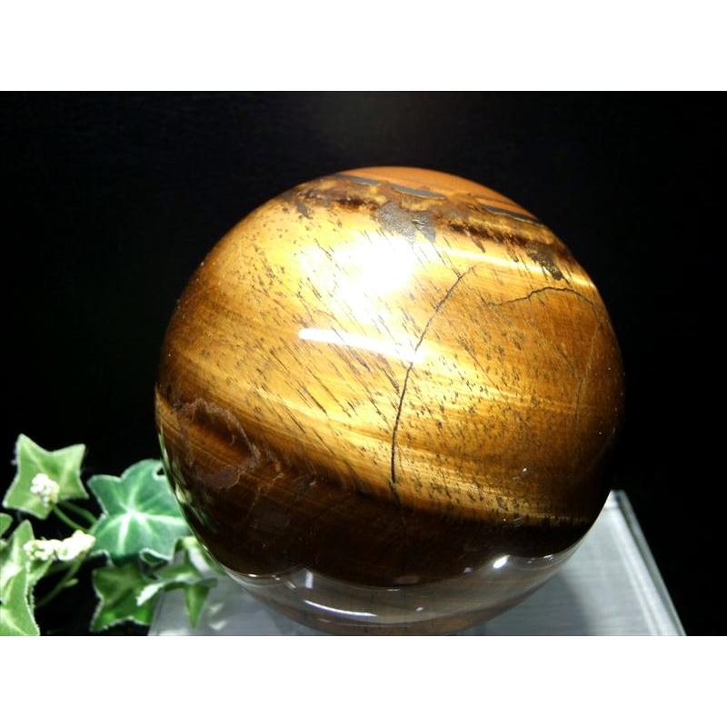 大玉 稲妻シラー 4A タイガーアイ 丸玉 台座付 直径106mm 重さ1701g 金 