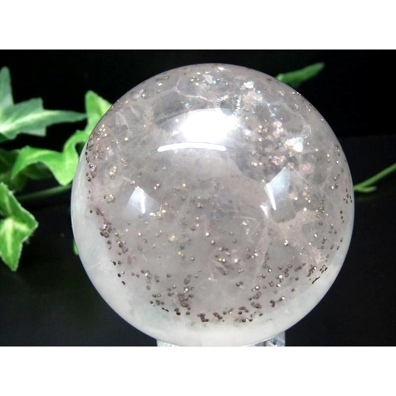 激レア・虹入り パイライトインフローライト 丸玉 台座付 直径約60.6mm 重さ約371g 天才の石 整然と並ぶパイライト 一点物 蛍石 アメリカ合衆国イリノイ州産の画像