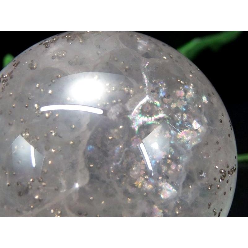 激レア・虹入り パイライトインフローライト 丸玉 台座付 直径約60.6mm 重さ約371g 天才の石 整然と並ぶパイライト 一点物 蛍石 アメリカ合衆国イリノイ州産の画像