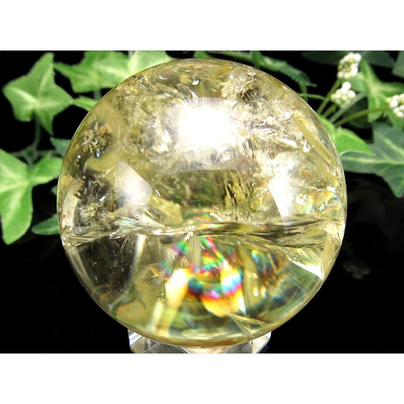 超透明 5A 虹入り シトリン 丸玉 台座付 直径約49mm 重さ176g 透明感