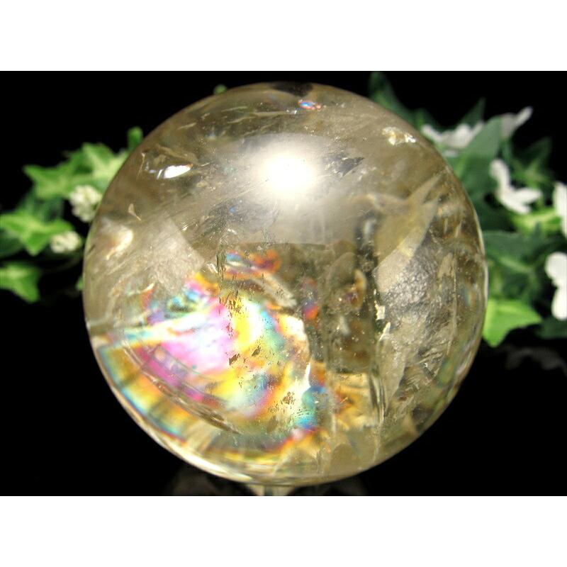 超透明 5A 虹入り シトリン 丸玉 台座付き 直径71mm 重さ498.5g 透明感抜群 金運 財運 幸運 お守りにも 一点もの ブラジル産 パワーストーン 天然石の画像