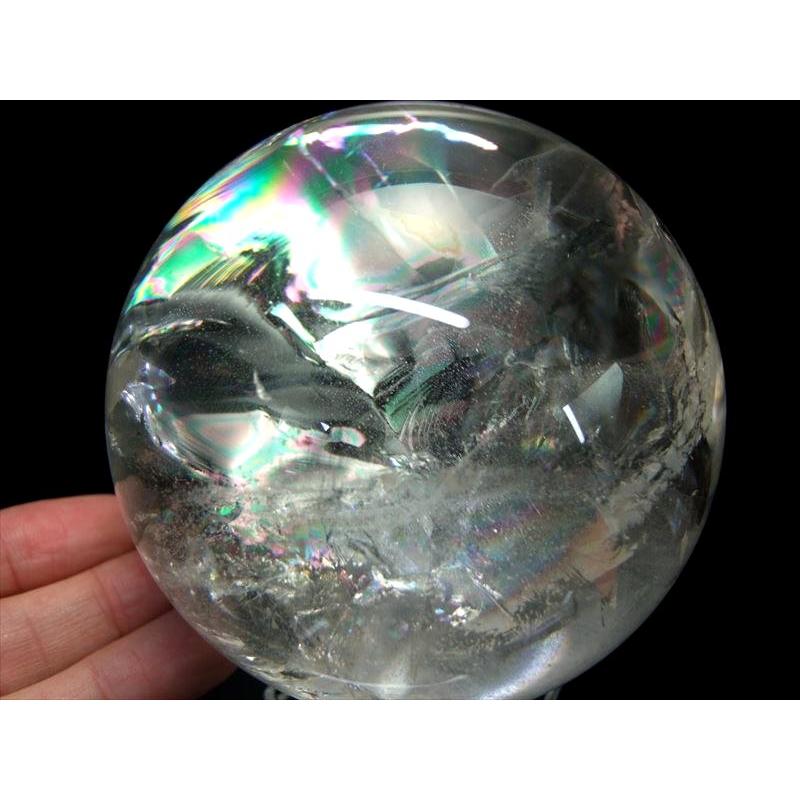 店頭展示中 超透明 大玉 5A級 天然水晶 虹入り 丸玉 台座付き φ97.0mm 重さ 1244g 極上 レインボー水晶 置物 水晶玉 極上天然石 一点もの ブラジル産の画像
