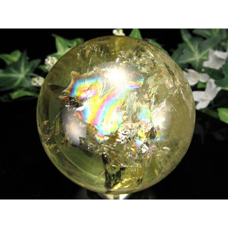 超透明 S級 虹入り シトリン 丸玉 台座付 直径約63mm 重さ353.3g 透明