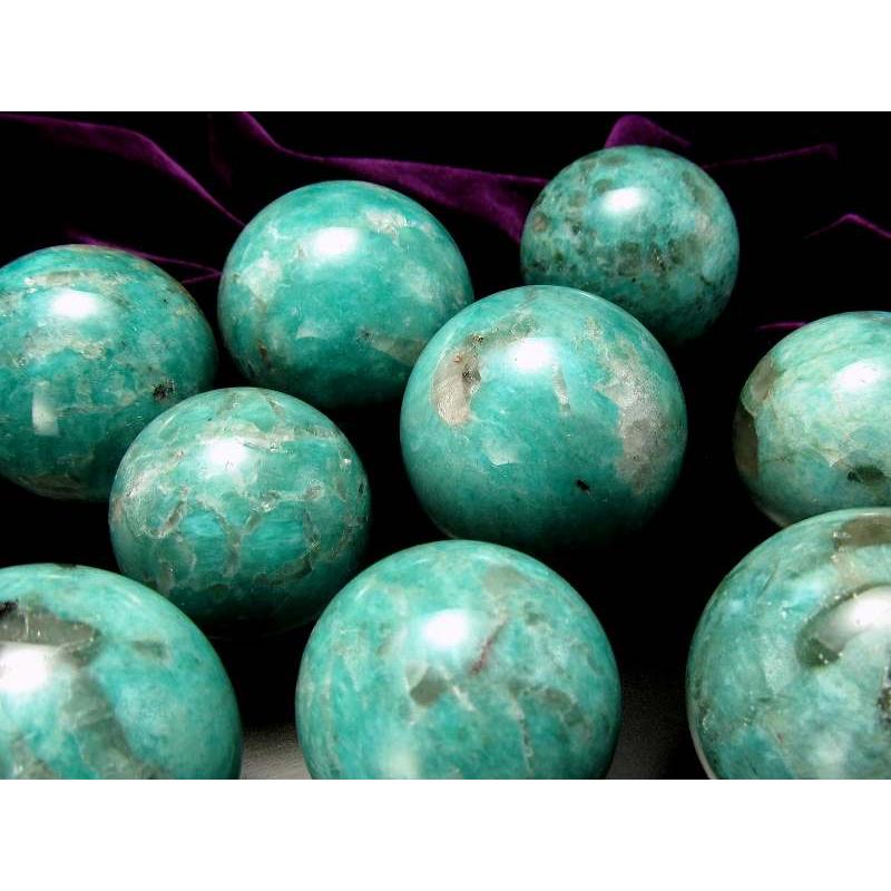 濃厚発色 石英・ブラックトルマリン共生 アマゾナイト 丸玉 直径30mm  