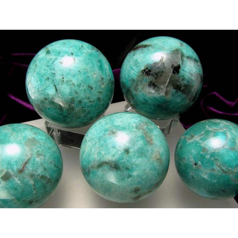 濃厚発色 石英・ブラックトルマリン共生 アマゾナイト 丸玉 直径30mm  