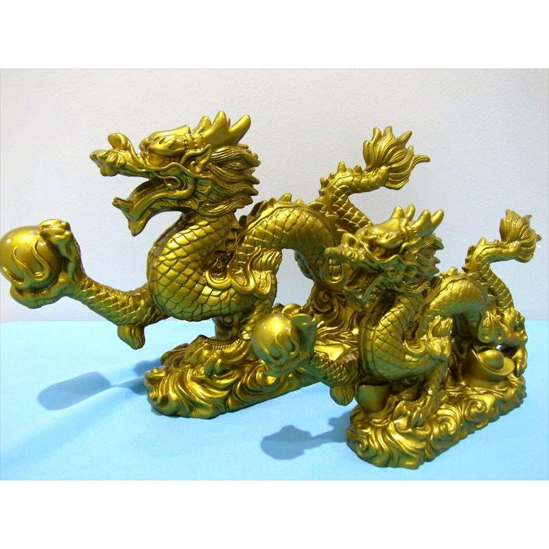 L 大 開運 金龍モチーフ 玉持ち龍神 ドラゴン 置物 高さ約125mm 全長約