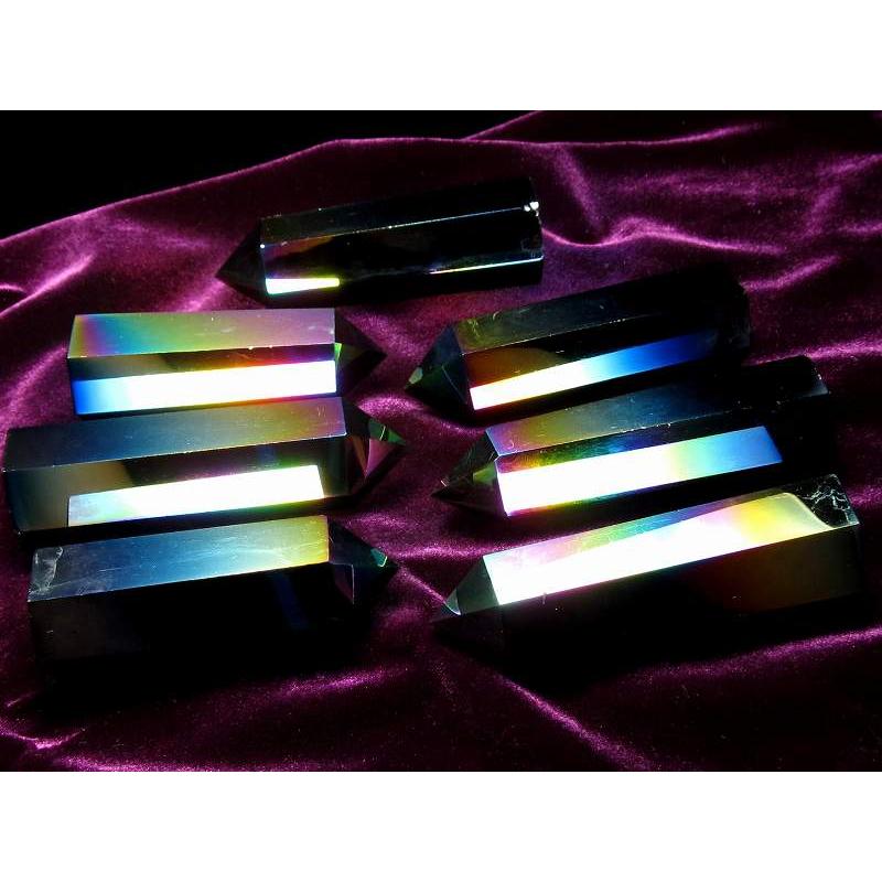 メタリック レインボーオーラ オブシディアン 黒曜石 ポイント 六角柱