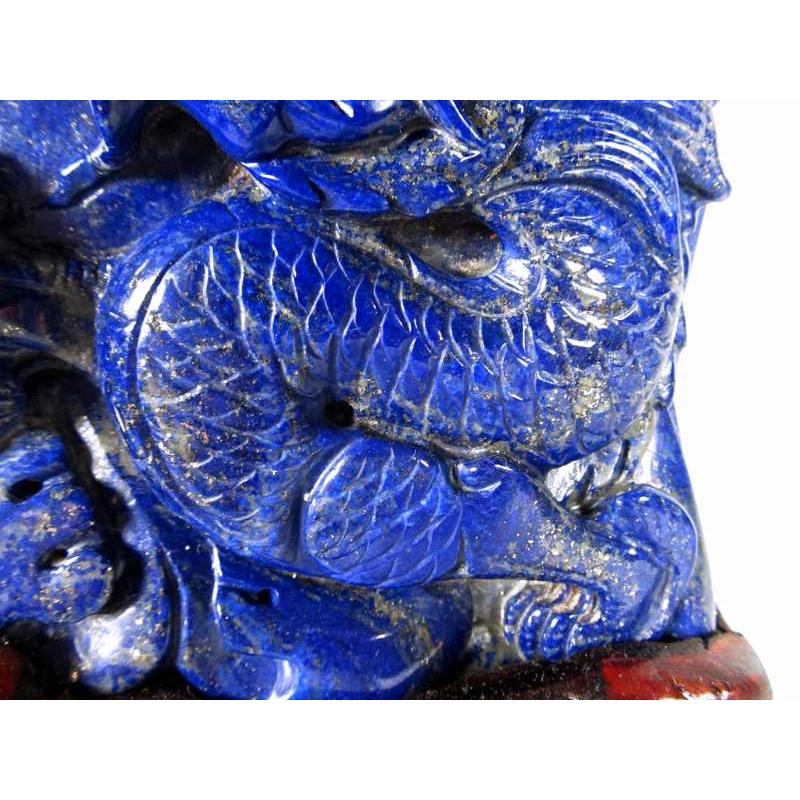 濃厚ブルー 玉持ち龍神 ラピスラズリ 龍彫刻置物 重さ1845.0g 高さ
