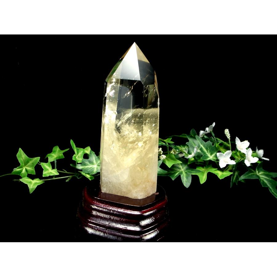 虹・エンジェルラダー入り 4A シトリン ポイント 六角柱 台座付