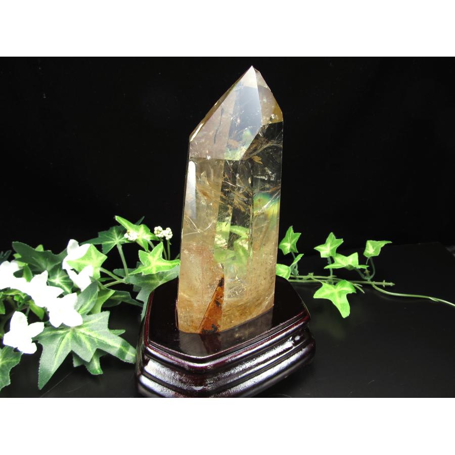 虹・ラダー入り 4A シトリン ポイント 六角柱 専用木製台付 高さ