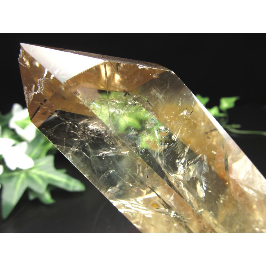 虹入りシトリン6角柱　水晶　観賞石 虹・ラダー入り 4A シトリン ポイント 六角柱 専用木製台付 高さ