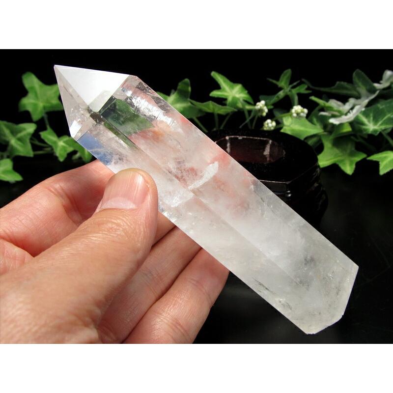虹・貫入入り 透明水晶 ポイント 六角柱 専用木製台座付 高さ144mm 重