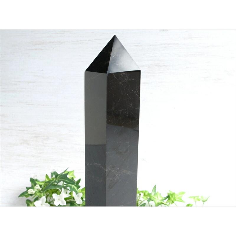 天然石 モリオン　ポイント 置物 台座付き 黒水晶 モリオン ポイント 専用木製台座付 重さ1574g 高さ約28cm 強力
