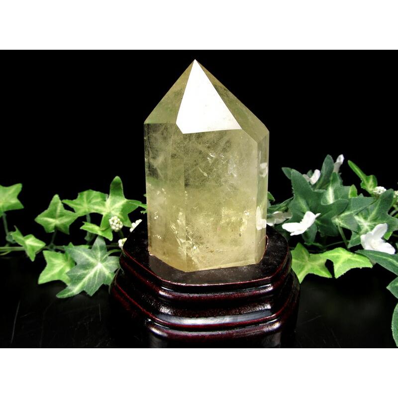 シトリン ポイント 六角柱 専用木製台座付 高さ約119mm 重さ546g 黄