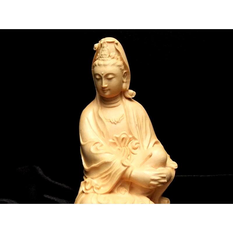 5A 座像観音 中サイズ 極上手彫り 木彫り観音像置物 高さ約90mm 風水や