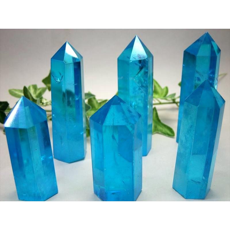 【縁起物】藍　水晶　ポイント　六角柱　パワーストーン　K9 ブルーアクアオーラ 天然水晶ポイント 六角柱 70g-80g 手ごろな小さめ