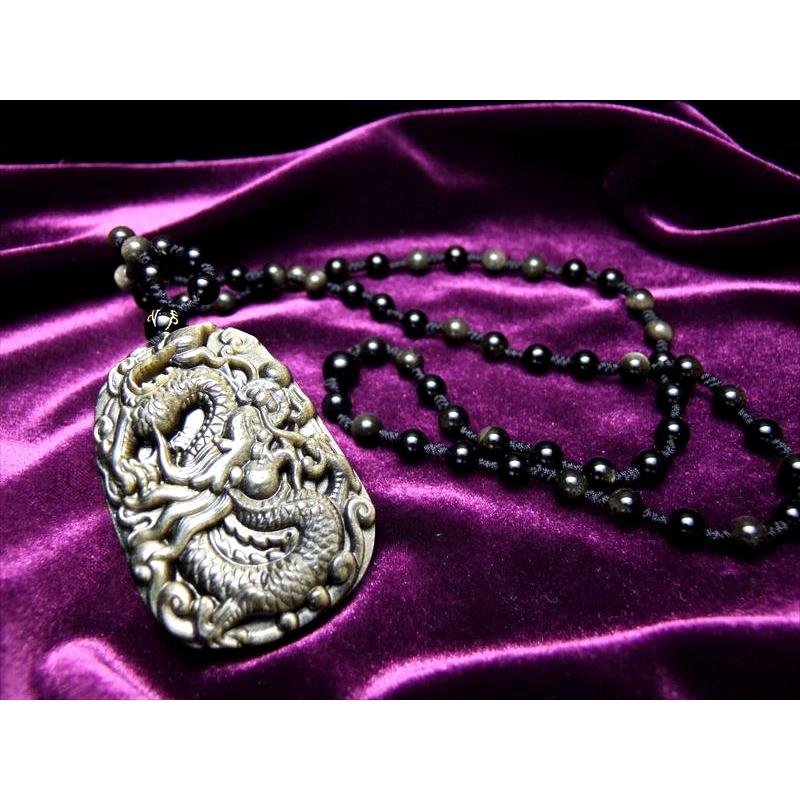 横向きタイプ 龍彫り ゴールデンシャインオブシディアン ネックレス  