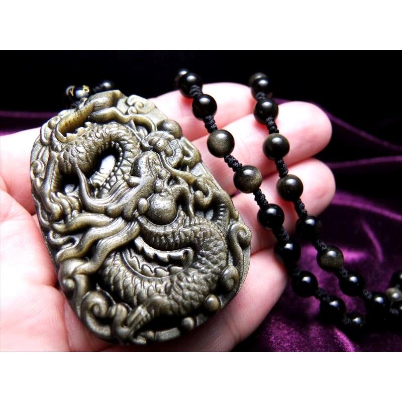 横向きタイプ 龍彫り ゴールデンシャインオブシディアン ネックレス  