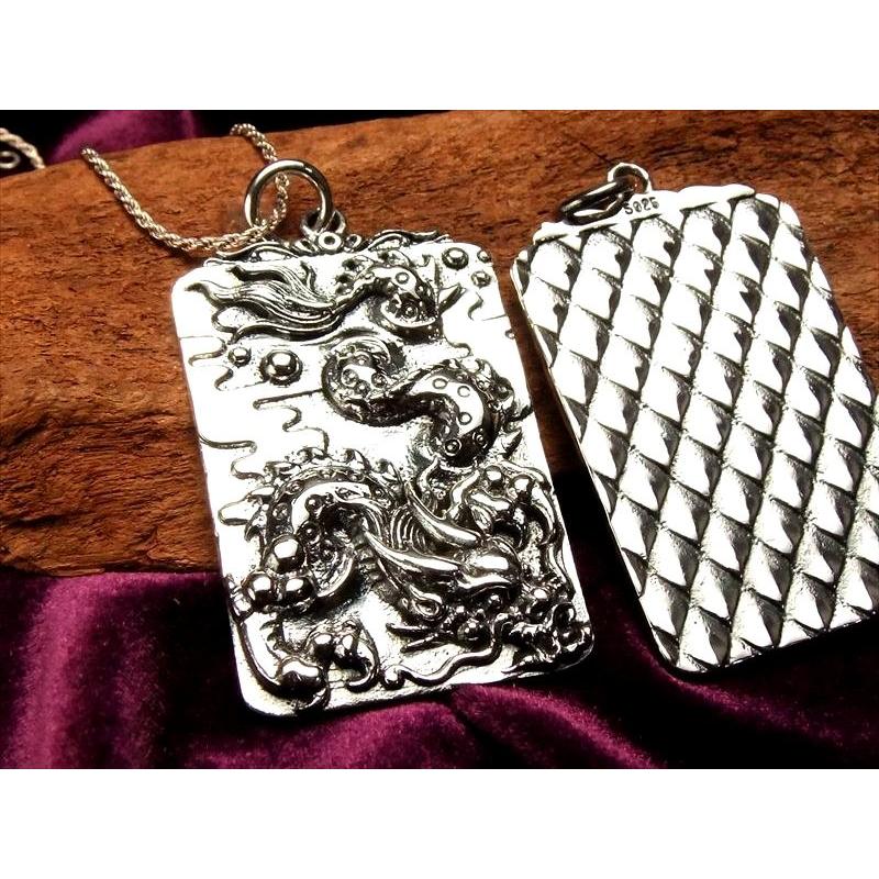 高品質シルバー 両面彫刻 龍神&龍鱗 彫刻ペンダントトップ