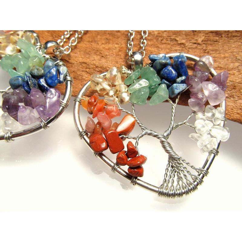 世界樹モチーフ 7種の宝石質 ハート型 ペンダントトップ 幅約52mm