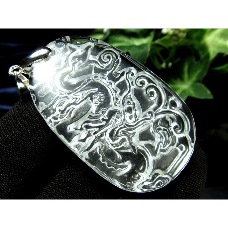 繊細彫刻 天然水晶 神龍彫刻 オーバル型 ペンダントトップ 1個売り 幅