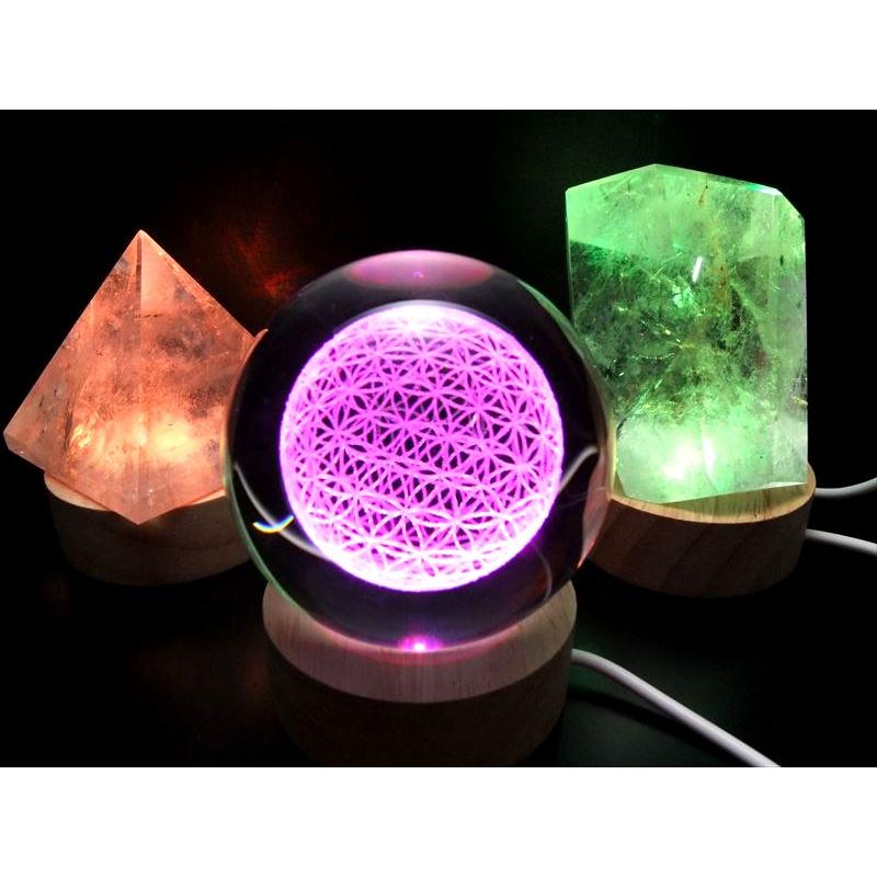 開運 レインボー発光 チャクラカラー 7色 LED発光の木製台座 直径60mm