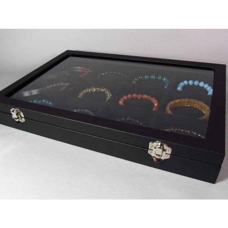 ホコリ防止の蓋付き 12枠しきり トレイ（起毛ブラック） 横35cm 縦24cm  