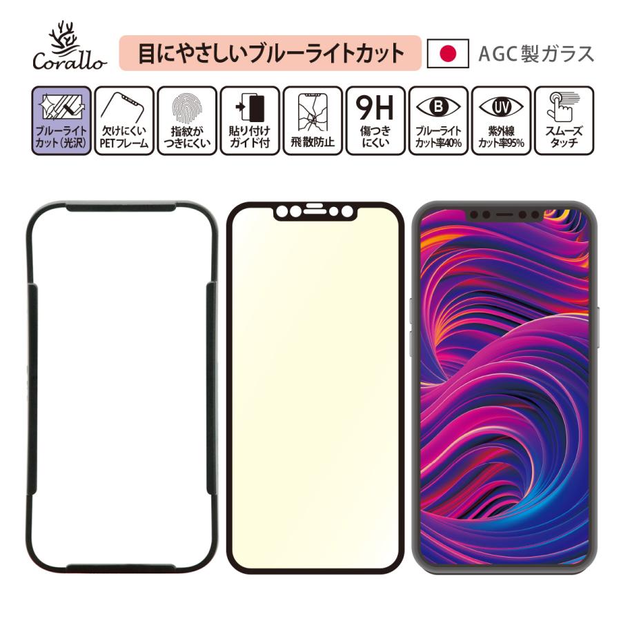 iPhone12mini ガラスフィルム ブルーライト カット 全面 保護 日本 AGC ガラス フルカバー フィルム ガイド 枠 付き [ iPhone 12 mini アイフォン12ミニ ] | Corallo