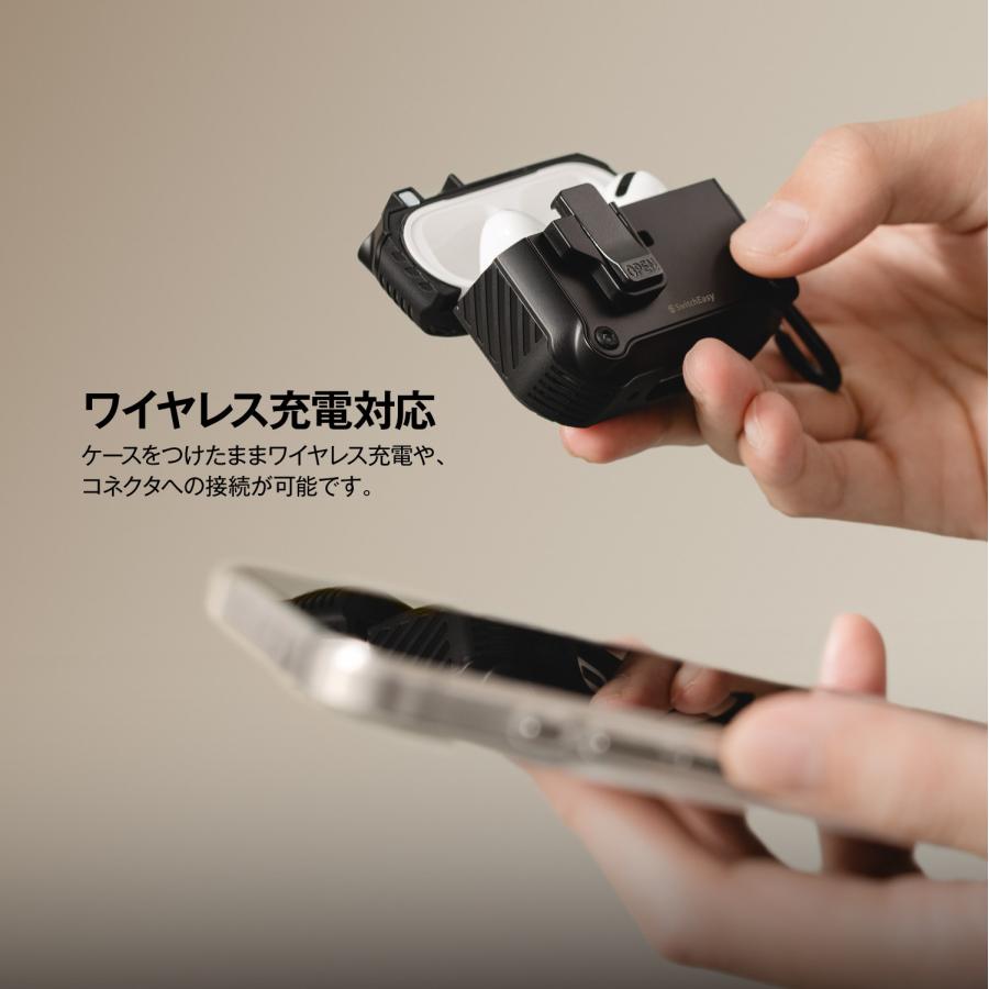 AirPods 4 ケース 耐衝撃 落下防止 カラビナ 付 カバー ロック 機能