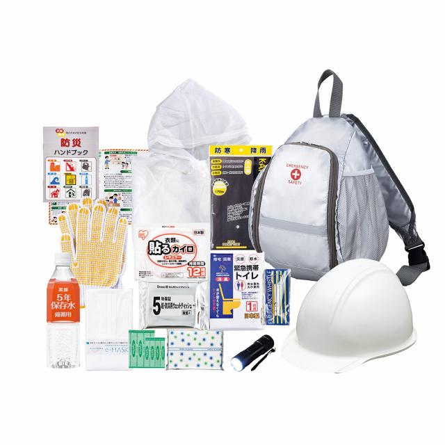 初動対応・帰宅支援セット[S‐SWH-100] 防災用ヘルメット LEDライト ホイッスル 携帯トイレ レインコート 軍手 保存水 賞味期間5年 等 | 