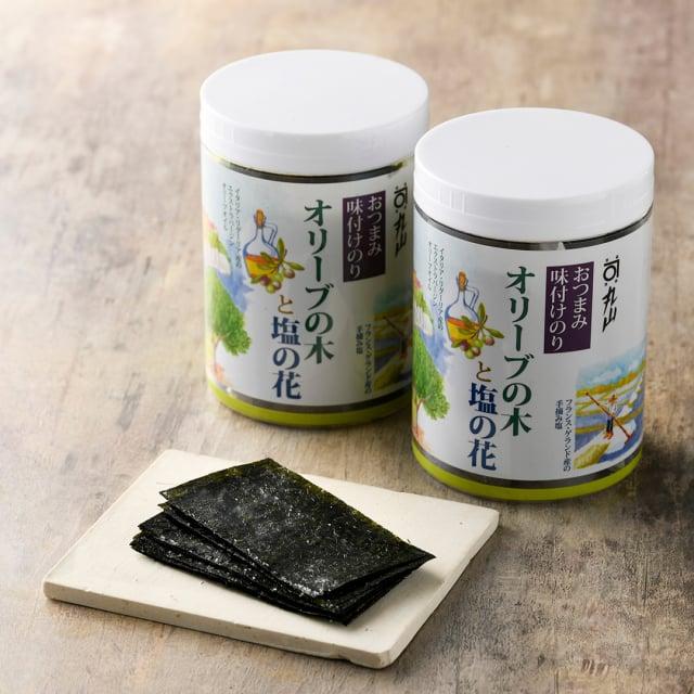 丸山海苔店 腕前おかずのりオリーブの木と塩の花 卓上2本箱入(八切64枚×2個) / のり まるやまのり オリーブオイル 味付けのり 築地 高級のり | 