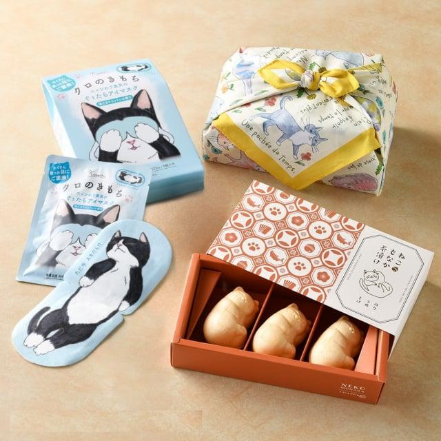 ネコづくし ギフトセット (クロのきもち)【風呂敷包み】/ ねこもなか茶漬け ホットアイマスクコットン風呂敷 最中茶漬け 猫 猫づくし | 