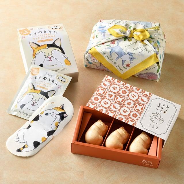 ネコづくし ギフトセット (ミケのきもち)【風呂敷包み】/ ねこもなか茶漬け ホットアイマスクコットン風呂敷 最中茶漬け 猫 猫づくし | 