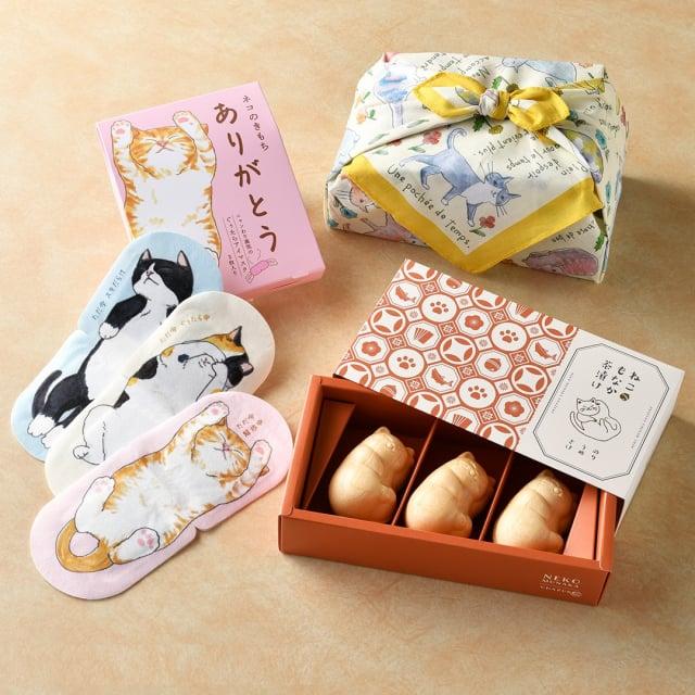 ネコづくし ギフトセット 「ありがとう」(アソート)【風呂敷包み】/ ねこもなか茶漬け ホットアイマスクコットン風呂敷 猫 猫づくし | 